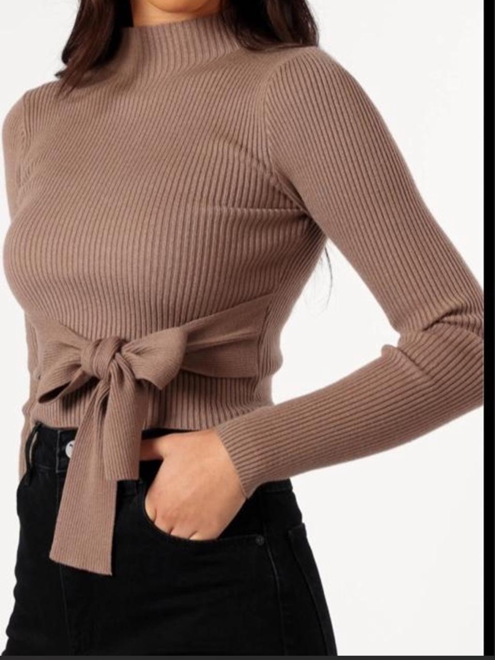 Petal and Pup Ribbed Tie-Waist Mock Neck Sweater Top - Brown